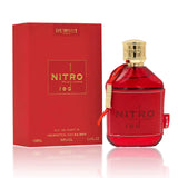 Red Nitro perfume bottle with gold cap and matching red box on a white background