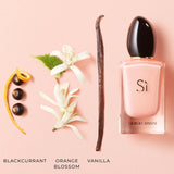 Giorgio Armani Si perfume bottle with blackcurrant, orange blossom, and vanilla on a pink background