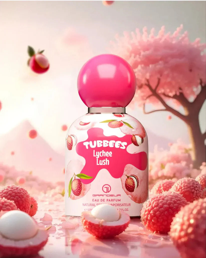 Bottle of TUBBEEs Lychee Lush perfume with lychees in the background. Kids perfume.