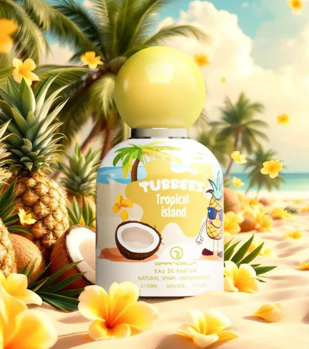 Tubbs Tropical Island perfume bottle with a tropical beach background featuring palm trees and flowers. Kids Perfume.