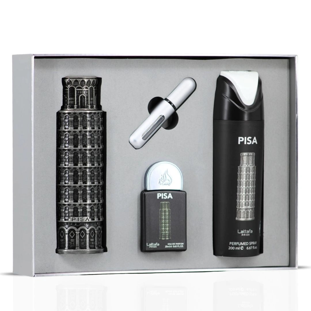 Lattafa Pride Pisa 3 Piece Gift Set for Men 3.4 oz EDP + 20 ml EDP + 6.7 oz Deodorant Spray