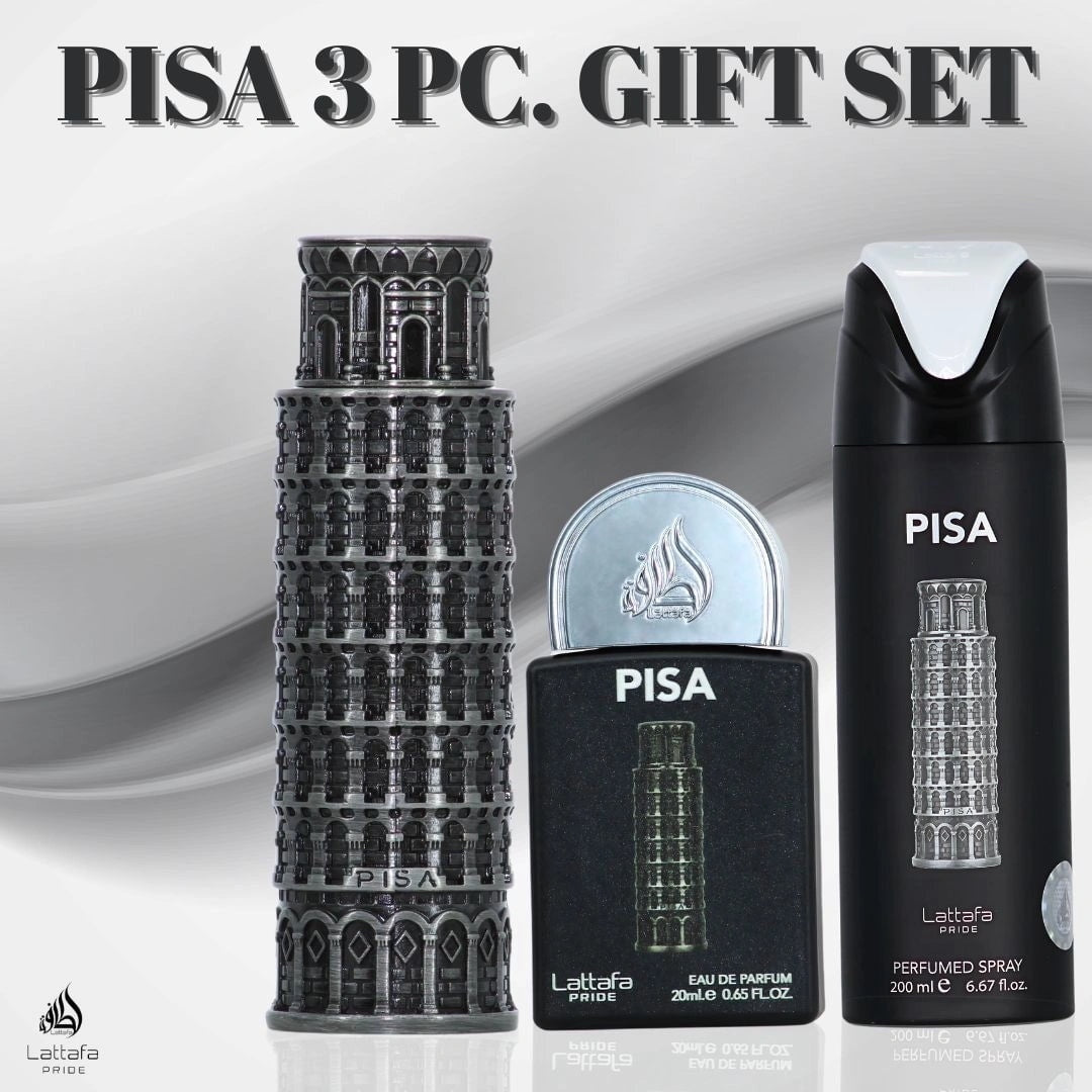 Lattafa Pride Pisa 3 Piece Gift Set for Men 3.4 oz EDP + 20 ml EDP + 6.7 oz Deodorant Spray